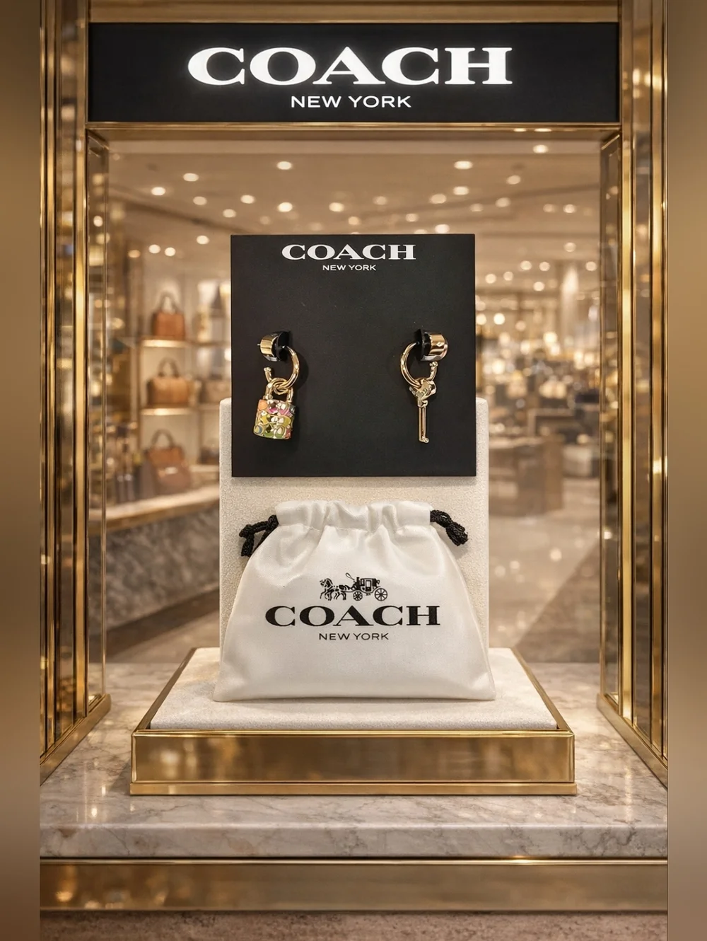 Coach Gold-Tone Key & Padlock Charm Earrings with Multicolor Enamel & Dustbag - Picture 1 of 5